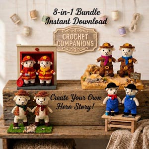 May include: An 8-in-1 bundle of crochet sheep dolls featuring various professions including firefighters, park rangers, and workers. The set includes a wooden structure, a rocky base, and a small bench, with text reading 8-in-1 Bundle Instant Download, CROCHET COMPANIONS, and Create Your Own Hero Story!