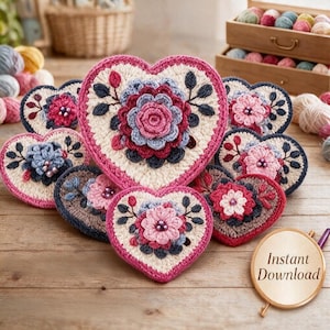 15-in-1 crochet heart granny square pattern bundle, floral crochet patterns, beginner friendly pdf, instant download motif set