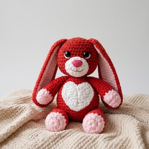 May include: A red crocheted stuffed rabbit toy featuring long ears with light pink inner lining, a white heart-shaped patch on the chest, light pink paws and feet, a pink nose, and black plastic safety eyes with a stitched mouth detail.