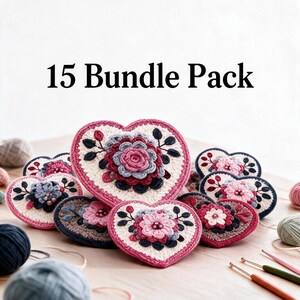 May include: A 15 bundle pack of heart-shaped crochet appliques featuring intricate floral designs in shades of pink, burgundy, navy blue, and cream. Each piece is adorned with small beads at the center of the flowers and dark leaf accents.