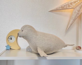 Harbor Seal linen pillow nautical marine style stuffed animal minimalist decor