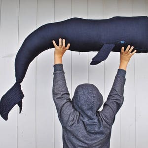 Whale linen pillow navy blue Big stuffed whale decor Animal Long nautical pillow Whale cushion image 1
