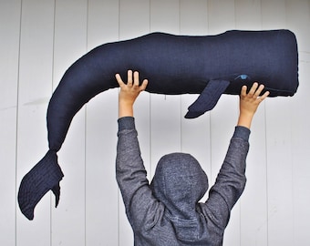 Walvis linnen kussen marineblauw Groot gevuld walvisdecor Dieren Lang nautisch kussen Walviskussen