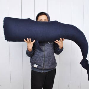 Whale linen pillow navy blue Big stuffed whale decor Animal Long nautical pillow Whale cushion image 4