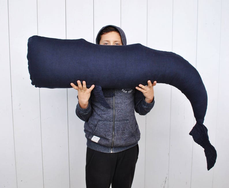 Whale linen pillow navy blue Big stuffed whale decor Animal Long nautical pillow Whale cushion image 4