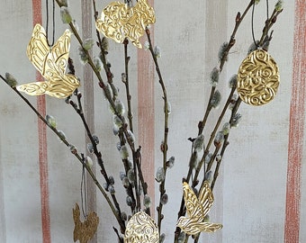 Easter tree brass decorations, set hanging spring ornament for twig - bunnies, eggs, birds