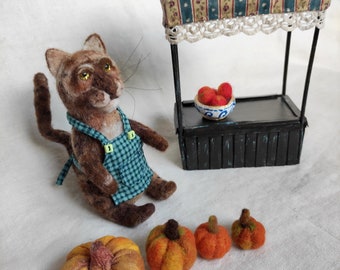 Cat and harvest in farmer's market stand Needle felted ornament Cats figurine decor