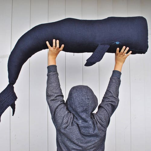 Whale linen pillow navy blue Big stuffed whale decor Animal Long nautical pillow Whale cushion