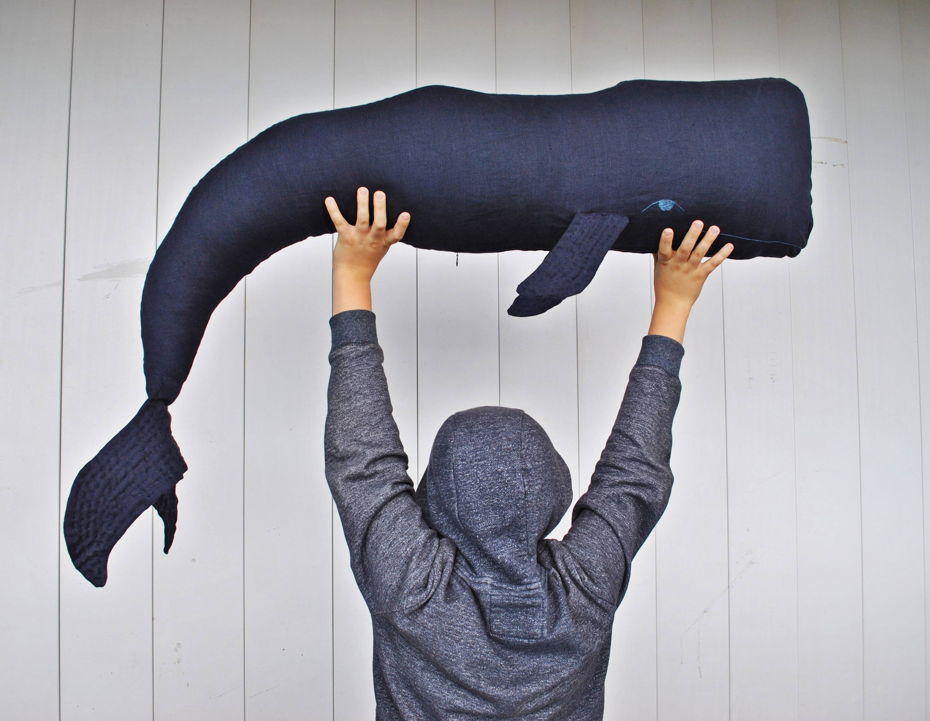Whale linen pillow navy blue Big stuffed whale decor Animal Etsy