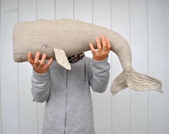 Linen Whale Stuffed Pillow, Embroidered Nautical Cushion