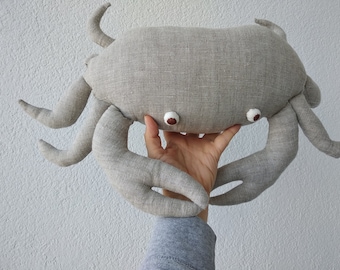 Crab linen pillow stuffed animal minimalist beach home decor nautical