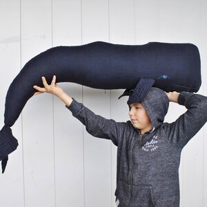 Whale linen pillow navy blue Big stuffed whale decor Animal Long nautical pillow Whale cushion image 2