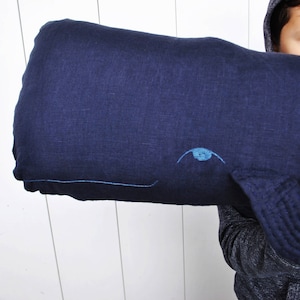 Whale linen pillow navy blue Big stuffed whale decor Animal Long nautical pillow Whale cushion image 5