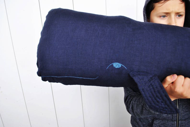 Whale linen pillow navy blue Big stuffed whale decor Animal Long nautical pillow Whale cushion image 5