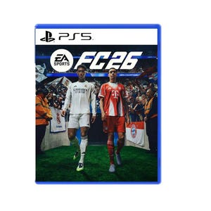 May include: A PS5 game case for "FC26" by EA Sports, featuring two footballers in white and red kits. The background shows a stadium with spectators. The game title is prominently displayed in white text.