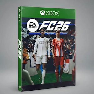 Op de afbeelding: Groene Xbox-gamecase voor FC26. De cover toont het EA Sports-logo en twee voetballers in tenue. De speltitel is wit, met het Xbox-logo bovenaan.