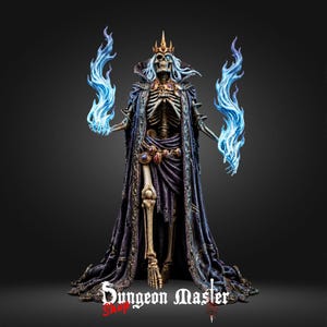 May include: A skeletal figure wearing a gold crown and a dark purple, ornate cloak with gold trim. The figure has long white hair, one glowing blue eye, and holds a bright blue flame in each hand. The text Dungeon Master Shop is at the bottom.