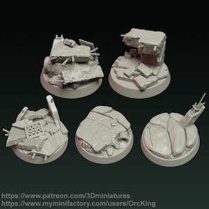 May include: Five gray miniature bases with a post-apocalyptic theme. Each base features detailed rubble and debris, including broken concrete and structural elements. Ideal for tabletop gaming or miniature wargaming.