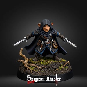 May include: A miniature figurine of a hooded goblin rogue wearing dark blue and black armor, holding two silver daggers. The character stands on a textured base with brown soil, green moss, and a small piece of driftwood. The text Dungeon Master Shop is visible.