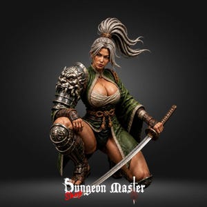 May include: A detailed figurine of a warrior in a crouching pose, wearing a green tunic, silver shoulder armor with a lion motif, and leg guards. The figure has long grey hair in a high ponytail and holds a katana sword. Text reads Dungeon Master.