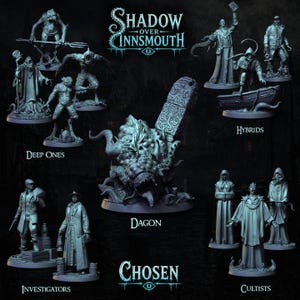 Puede incluir: Una colección de figuras en miniatura detalladas del juego "Shadow Over Innsmouth". Las figuras incluyen Profundos, Híbridos, Investigadores y Cultistas, con el texto "Dagon" y "Chosen" también visible.