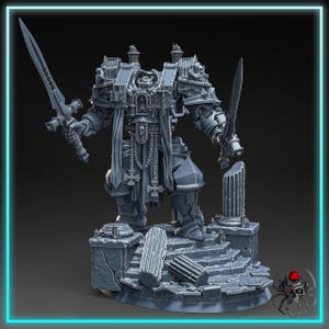 May include: A grey resin miniature of a heavily armored warrior standing on a ruined stone base with broken columns. The figure wears ornate plate armor with skull motifs, holds a long sword in each hand, and features a tabard with hanging cross pendants.