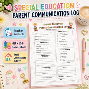 Op de afbeelding: Een printbaar formulier voor een communicatielogboek voor ouders in het speciaal onderwijs, met secties voor leerlinggegevens, communicatiedetails, redenen voor contact en actieplannen, inclusief selectievakjes en lijnen voor notities.