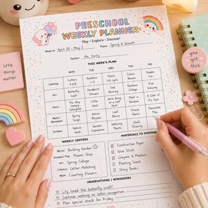 May include: A preschool weekly planner sheet with pastel rainbow and cloud graphics. The document includes sections for the week, teacher name, a daily activity grid, weekly centers, materials to prepare, and observations with handwritten notes.