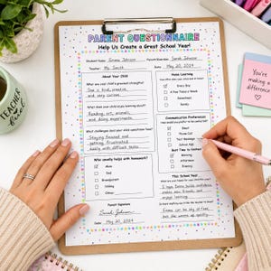 May include: A Parent Questionnaire form on a clipboard with colorful star borders. The document includes sections for student information, home learning, communication preferences, and school year goals, with handwritten text and a pink pen.