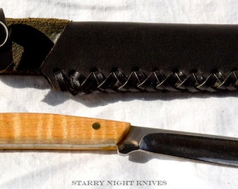 Starry Night Knives Handmade Slim Straight Knife "Serpens"-Custom Hand Braided Leather Sheath-Curley Maple