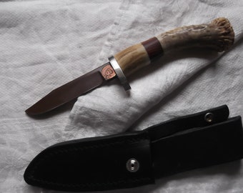 Starry Night Knives Handmade Straight Knife--S30V Blade w/Brown Metallic Coating-Crown Stag Copper Colored Resin--Leather Sheath