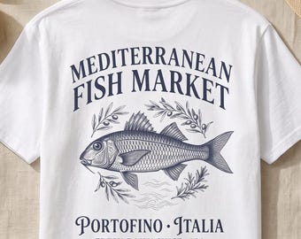 Fisk-t-shirt med motiv från Medelhavets fiskmarknad | Design av Portofino Italia-marknaden