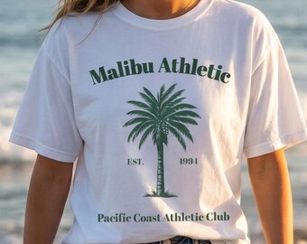 Malibu Palm Tree Shirt, California Beach Tee, Coastal Vacation Shirt, Vintage Athletic Club Graphic, Comfort Colors 1717