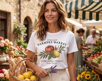 Italian Farmers Market Shirt, Tuscany Shirt, Vintage Italian Tee, Mediterranean Botanical Tomato Lemon Olive Shirt