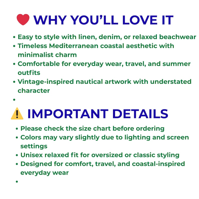 May include: Text on a white background reads "WHY YOU'LL LOVE IT" and "IMPORTANT DETAILS". The text is in a navy blue font with a red heart and yellow exclamation point. Bullet points describe the product's features and care instructions.