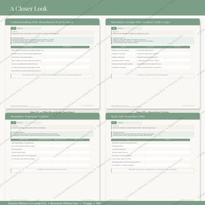 Puede incluir: Un documento digital titulado "A Closer Look" con cuatro secciones: "Understanding Why Boundaries Feel So Hard", "Boundary Scripts That Reduce Guilt Loops", "Boundary Exposure Ladder" y "Real-Life Boundary Plan". El documento está sobre un fondo verde claro.