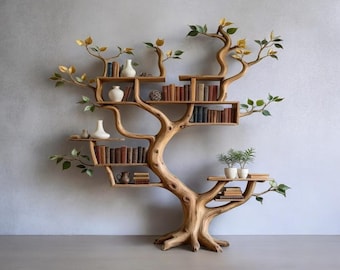 Estantería de madera maciza hecha a mano con forma de árbol / Mueble de pared rústico inspirado en la naturaleza
