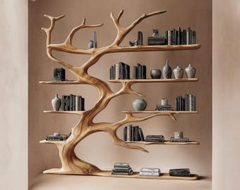 Handcrafted Tree Bookshelf | Solid Wood Wall Shelf, Rustic Modern Decor