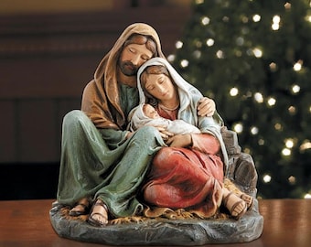 Estatueta da Sagrada Família Adormecida | Estátua Católica da Natividade de 15 cm | Estatueta de Natal de Maria, José e o Menino Jesus | Presente Religioso em Resina da Avalon Gallery