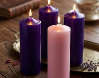 9" Purple & Pink Advent Pillar Candle Set | 4 Traditional Advent Candles | Catholic Christmas Advent Wreath Candles