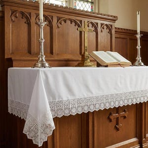 Cross Lace Trim Altar Frontal | R.J. Toomey Church Altar Cloth | 84" x 42" Liturgical Linen | Catholic Communion Table Cover