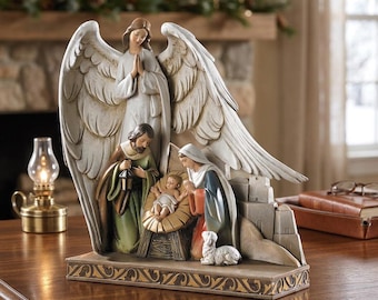 20cm Krippe mit Engel Figur | Katholische Weihnachtskrippe | Heilige Familie mit Engel Statue