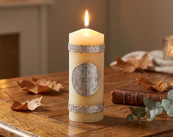 Saint Benedict Silver Devotional Candle | Catholic Prayer Candle with Silver Wax Relief | St. Benedict Medal Candle | Religious Altar Decor