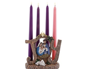 Wondrous Love JOY Advent Candle Holder | Advent Taper Candle Centerpiece | Holy Family Christmas Decor | Catholic Advent Wreath Holder