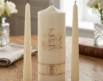 Juego de velas de unidad "Dos se convertirán en uno" / Velas de unidad para bodas cristianas / Vela para ceremonia matrimonial con hojas de oro y plata