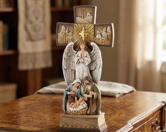Croix 14" | Croix de la Nativité de la Sainte Famille | Statue de croix de Noël catholique | Décoration de Noël religieuse en résine de roche | Galerie Avalon