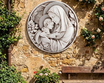 Maternal Grace Garden Wall Plaque | Madonna and Child Garden Decor | Virgin Mary Outdoor Wall Art | Catholic Marian Plaque