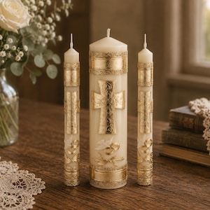 Cross with Rings Unity Candle Set | Wedding Ceremony Candles | Christian Unity Pillar | Taper Candle Set