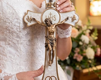 White Wedding Holy Mass Crucifix | Gold Finish Catholic Wall Cross | Pearlized Epoxy Inlay | Sacramental Wedding Gift