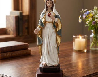 Statue du Cœur Immaculé de Marie | Figurine mariale catholique de 20 cm (20 cm) | Décoration religieuse de la Vierge Marie | Statue de Marie en résine
